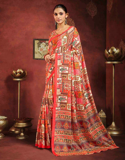 Coral Red Viscose Silk Printed Ajrakh Saree