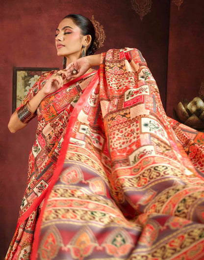 Coral Red Viscose Silk Printed Ajrakh Saree
