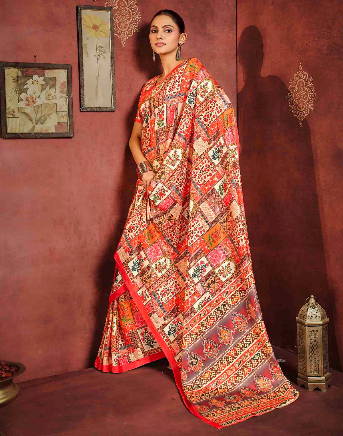 Coral Red Viscose Silk Printed Ajrakh Saree
