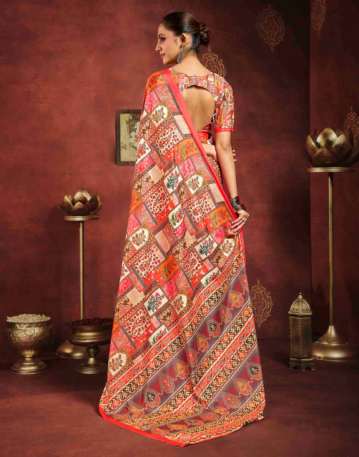 Coral Red Viscose Silk Printed Ajrakh Saree