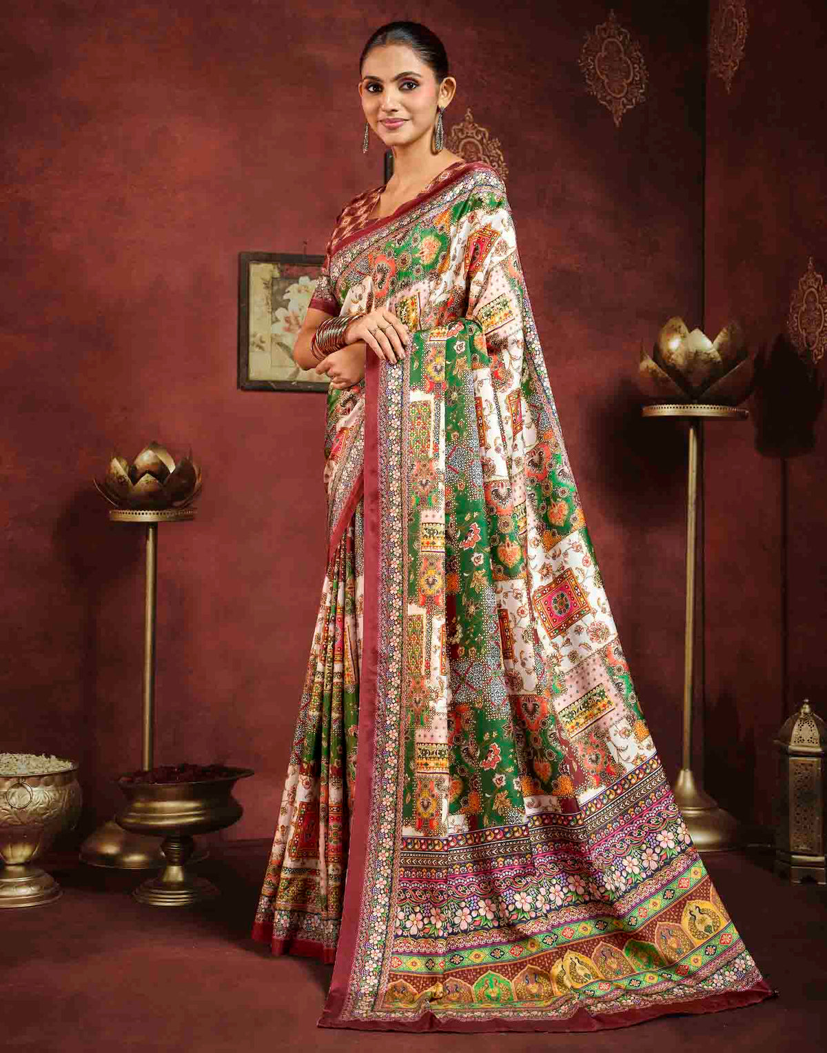 Multicoloured Viscose Silk Printed Ajrakh Saree