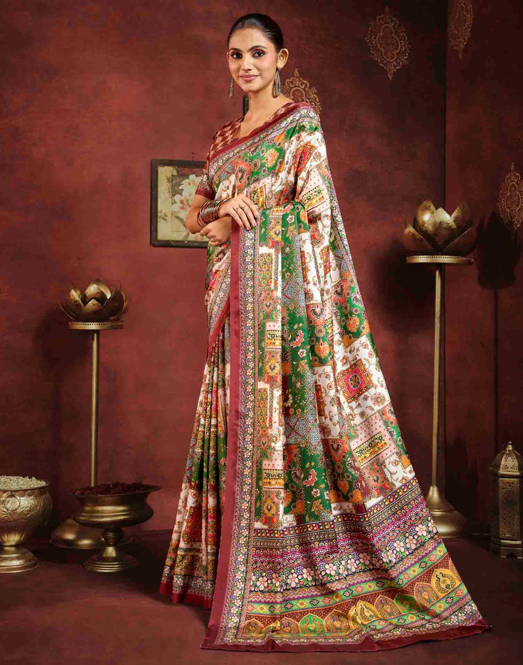 Multicoloured Viscose Silk Printed Ajrakh Saree