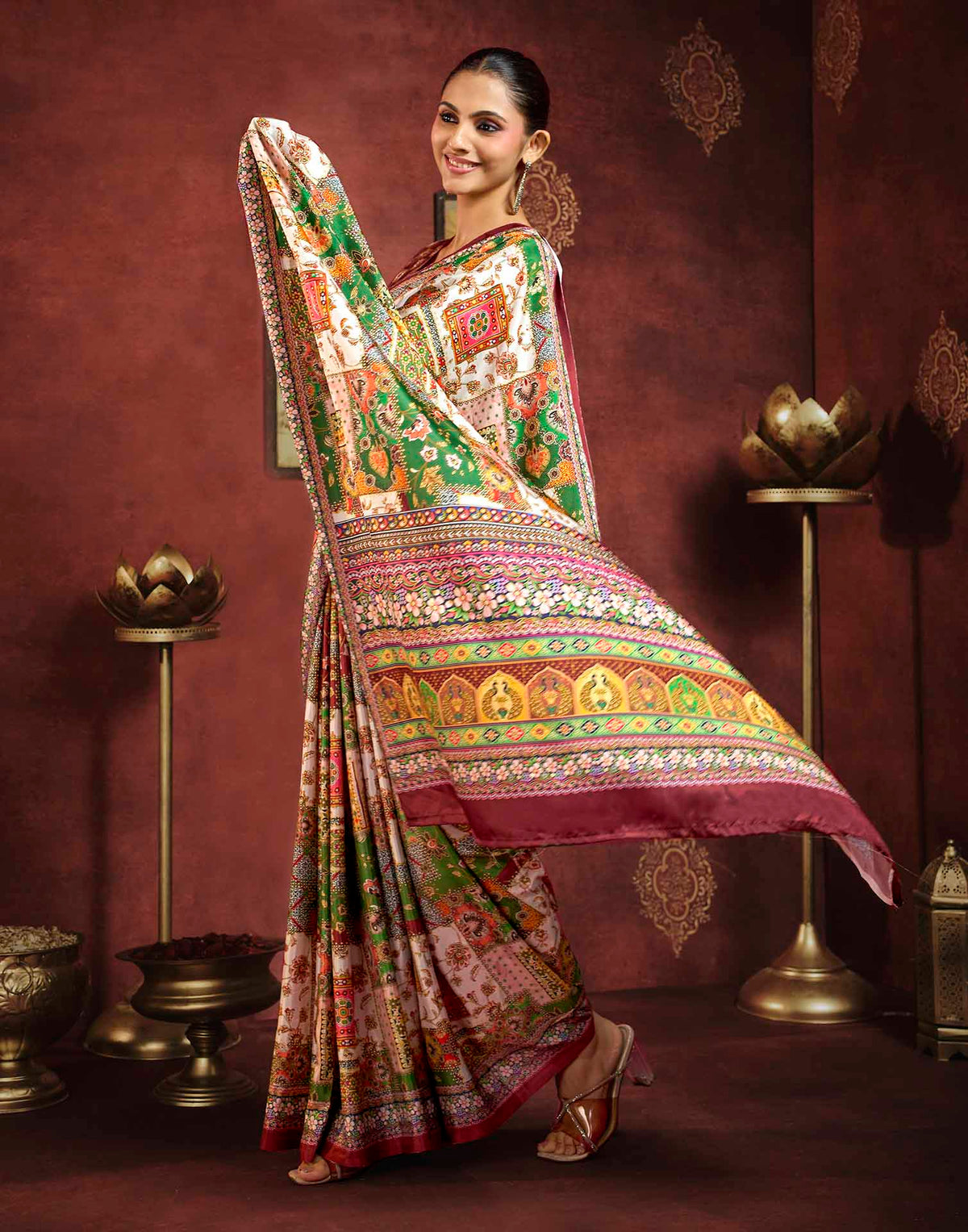Multicoloured Viscose Silk Printed Ajrakh Saree
