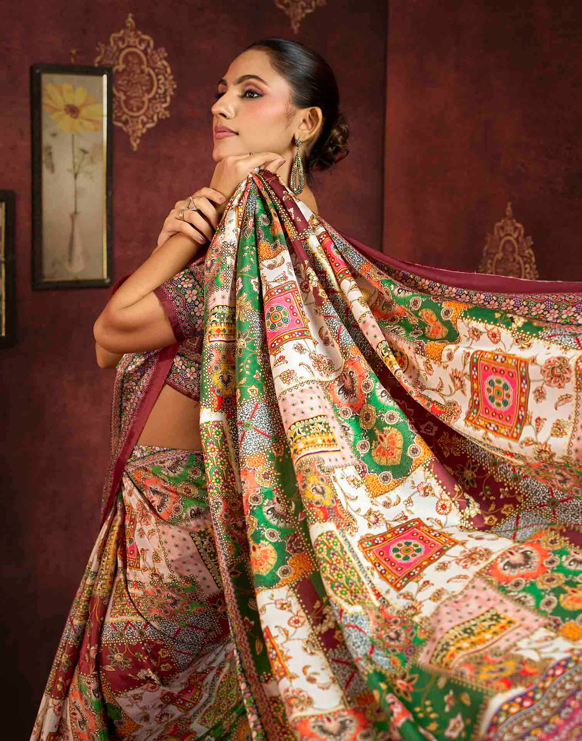Multicoloured Viscose Silk Printed Ajrakh Saree