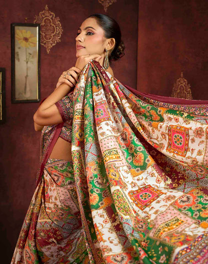 Multicoloured Viscose Silk Printed Ajrakh Saree