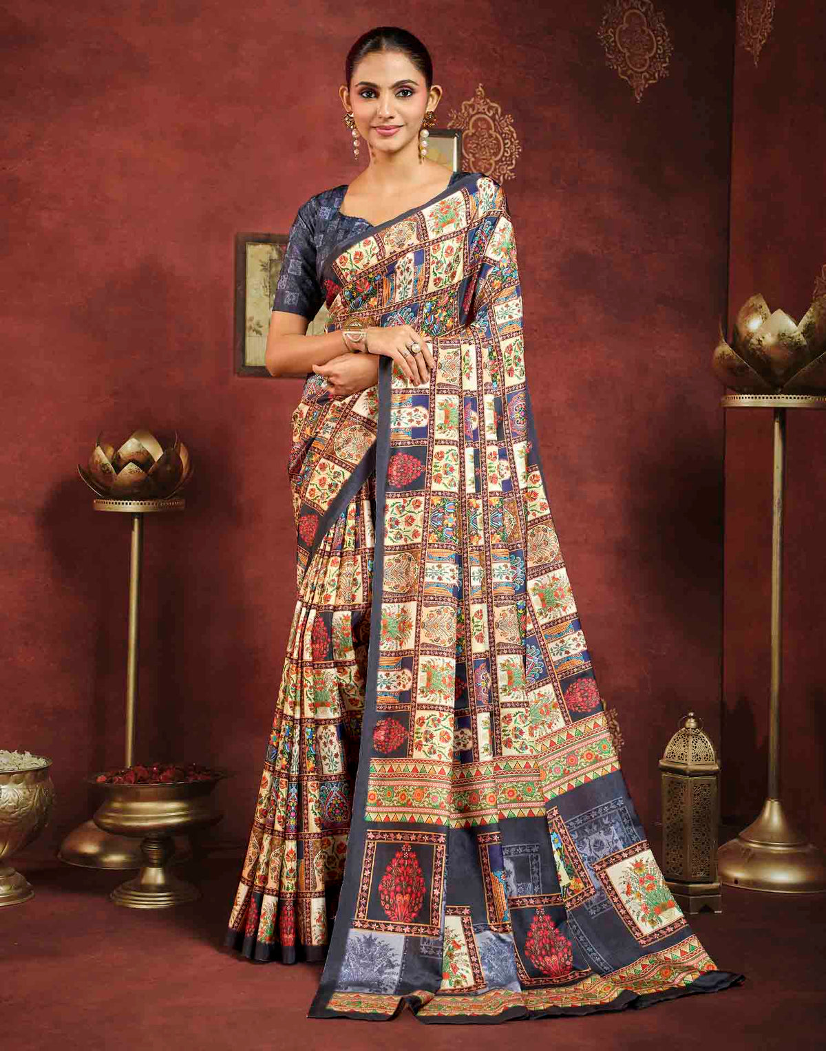 Multicoloured Viscose Silk Printed Ajrakh Saree