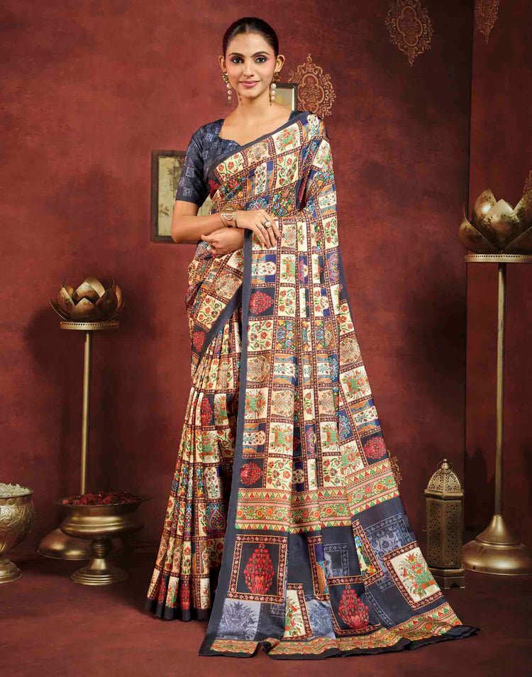 Multicoloured Viscose Silk Printed Ajrakh Saree