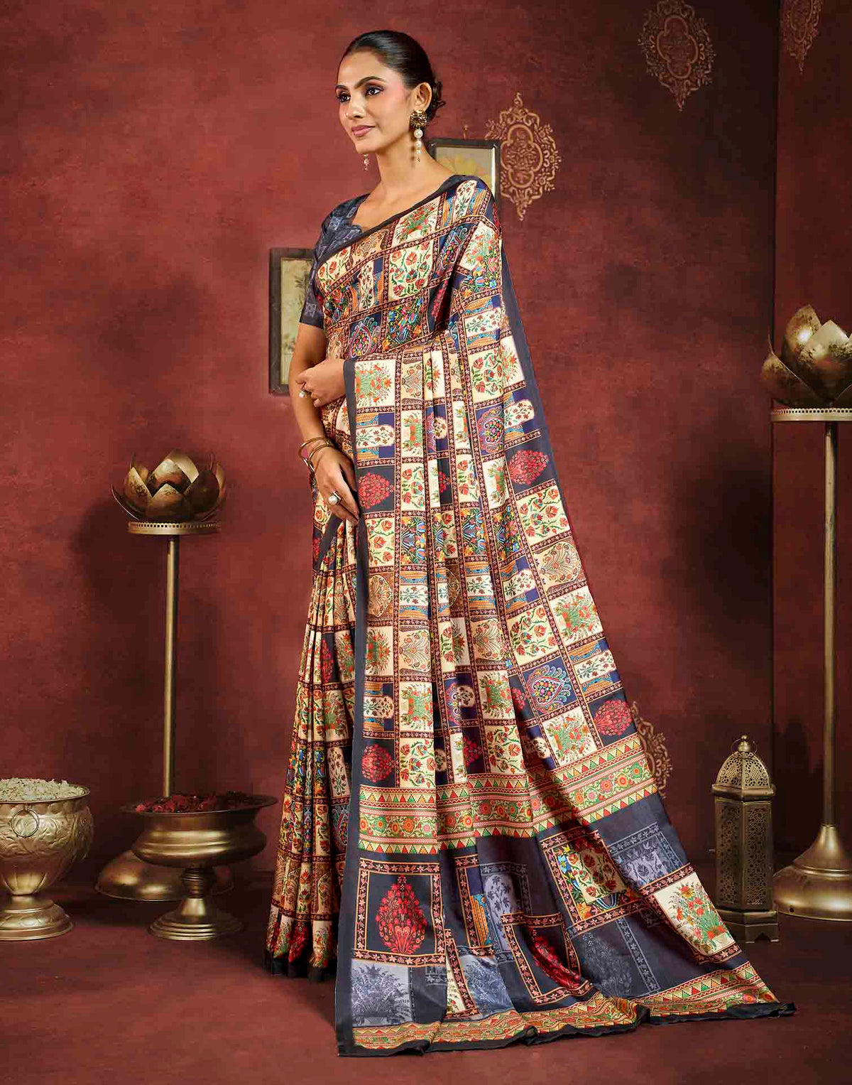 Multicoloured Viscose Silk Printed Ajrakh Saree