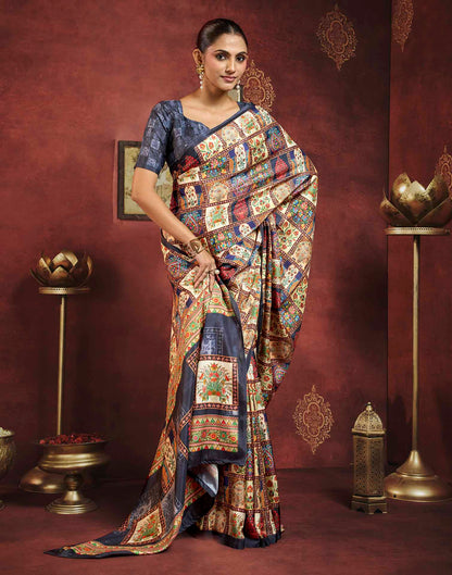 Multicoloured Viscose Silk Printed Ajrakh Saree