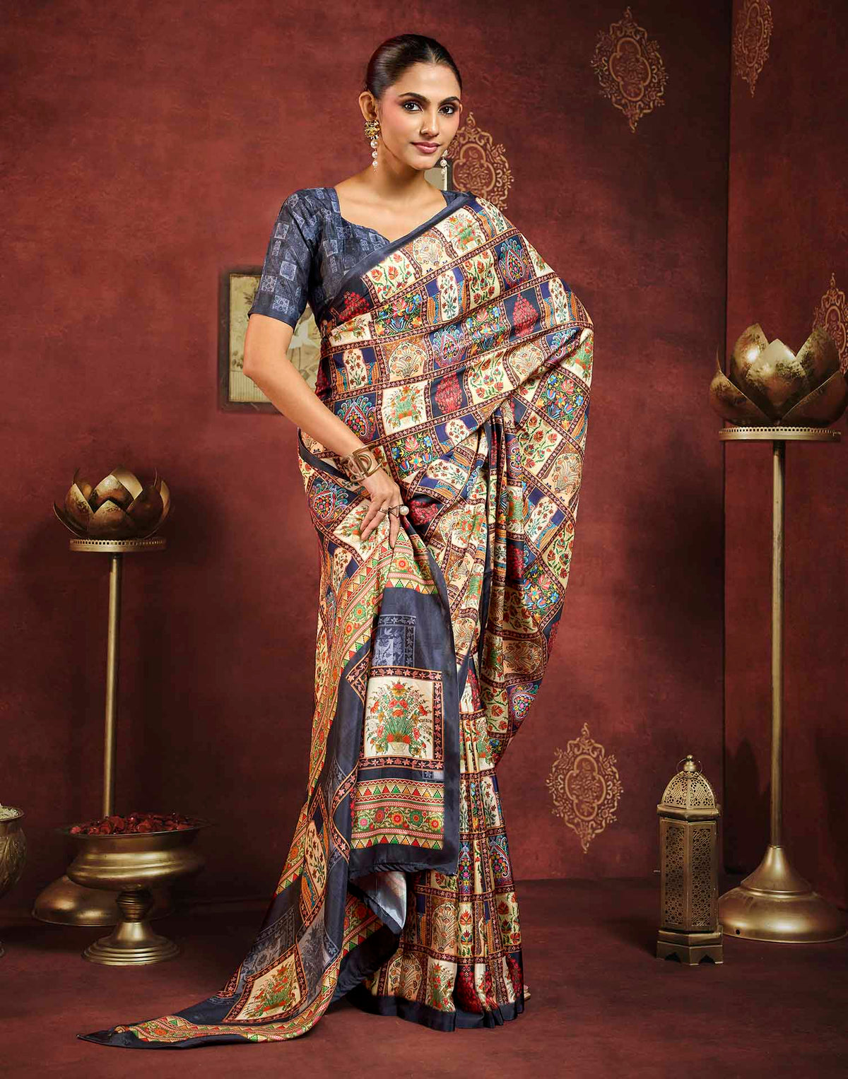 Multicoloured Viscose Silk Printed Ajrakh Saree