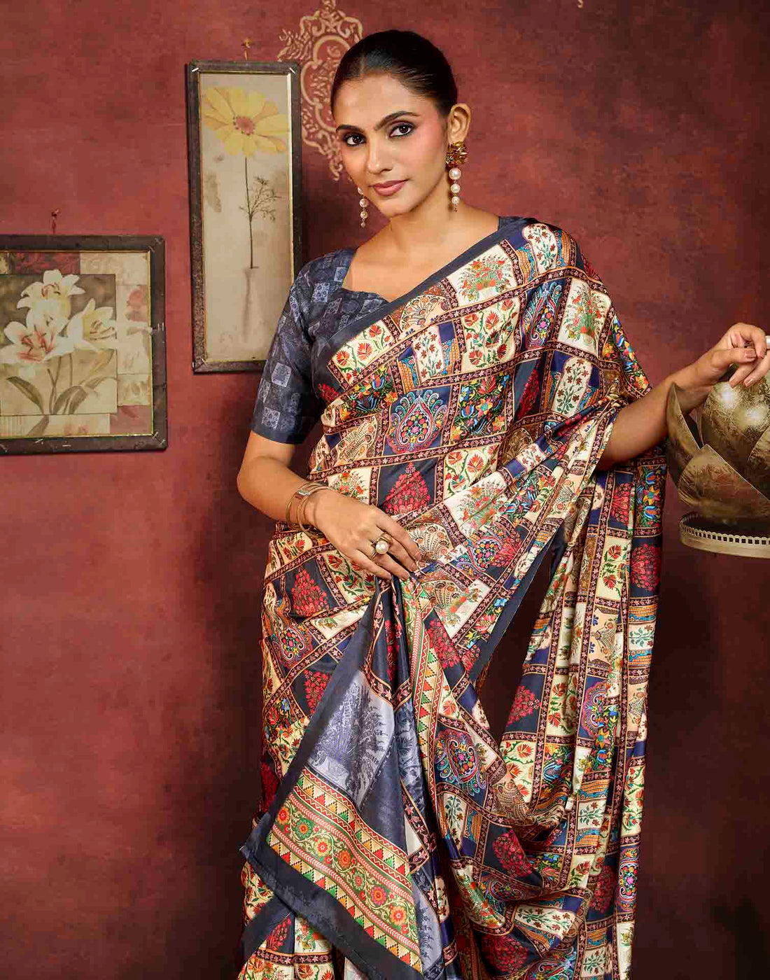 Multicoloured Viscose Silk Printed Ajrakh Saree