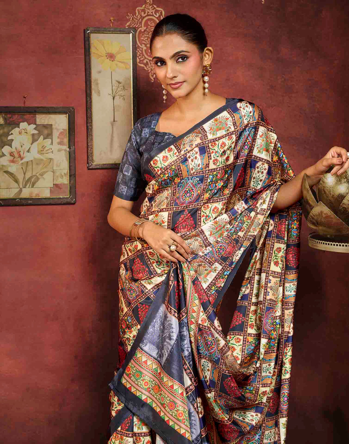 Multicoloured Viscose Silk Printed Ajrakh Saree