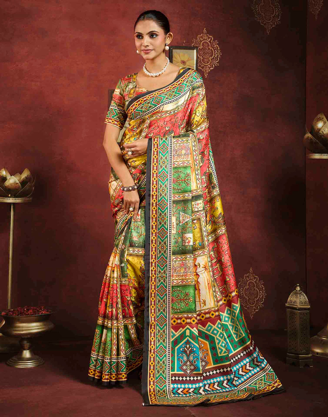 Multicoloured Viscose Silk Printed Kalamkari Saree