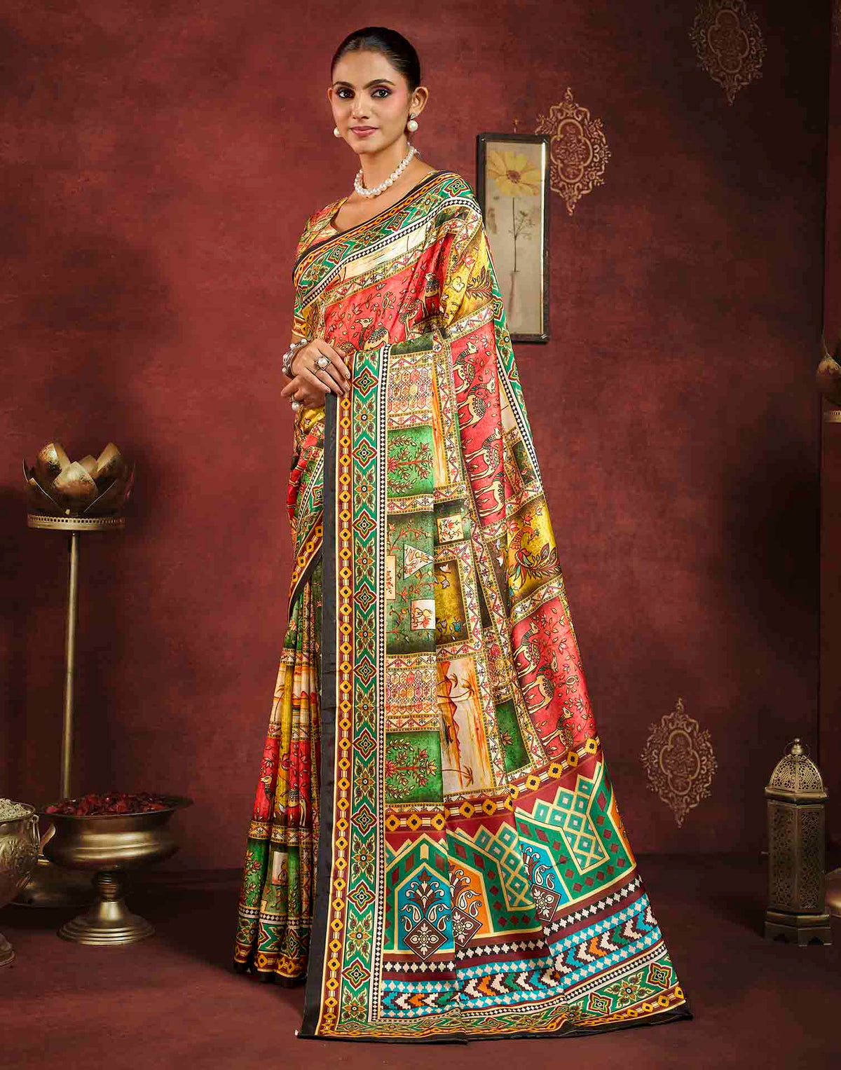 Multicoloured Viscose Silk Printed Kalamkari Saree