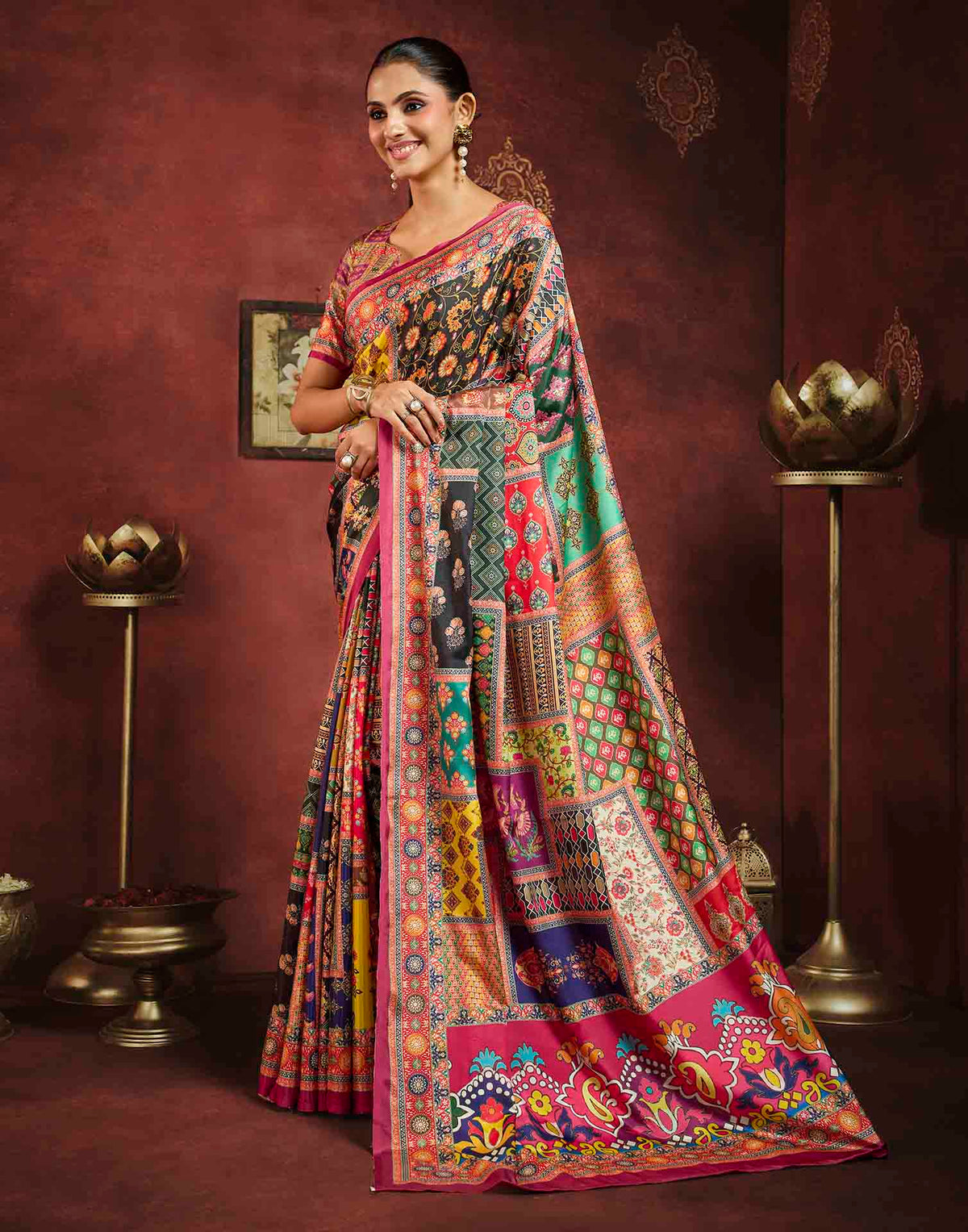 Multicoloured Viscose Silk Printed Patchwork Saree