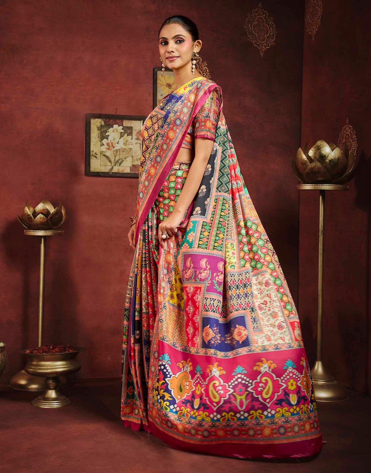 Multicoloured Viscose Silk Printed Patchwork Saree