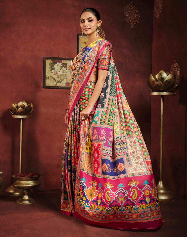 Multicoloured Viscose Silk Printed Patchwork Saree