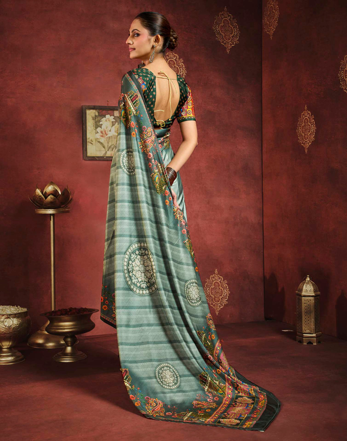 Sage Green Viscose Silk Printed Kalamkari Saree
