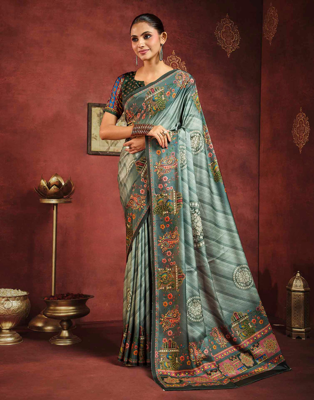 Sage Green Viscose Silk Printed Kalamkari Saree