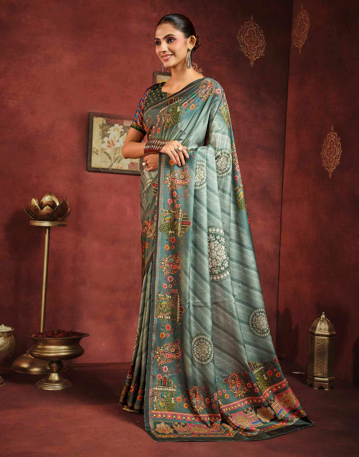Sage Green Viscose Silk Printed Kalamkari Saree