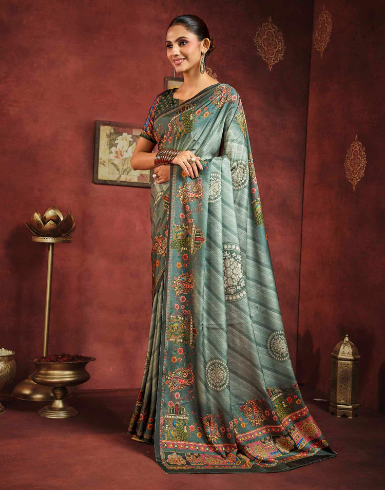 Sage Green Viscose Silk Printed Kalamkari Saree