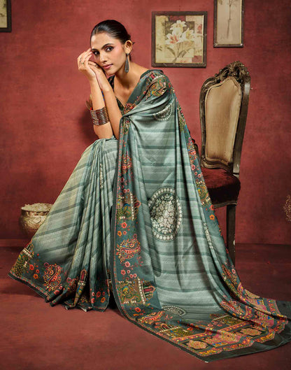 Sage Green Viscose Silk Printed Kalamkari Saree