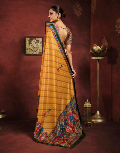 Mustard Yellow Viscose Silk Printed Kalamkari Saree