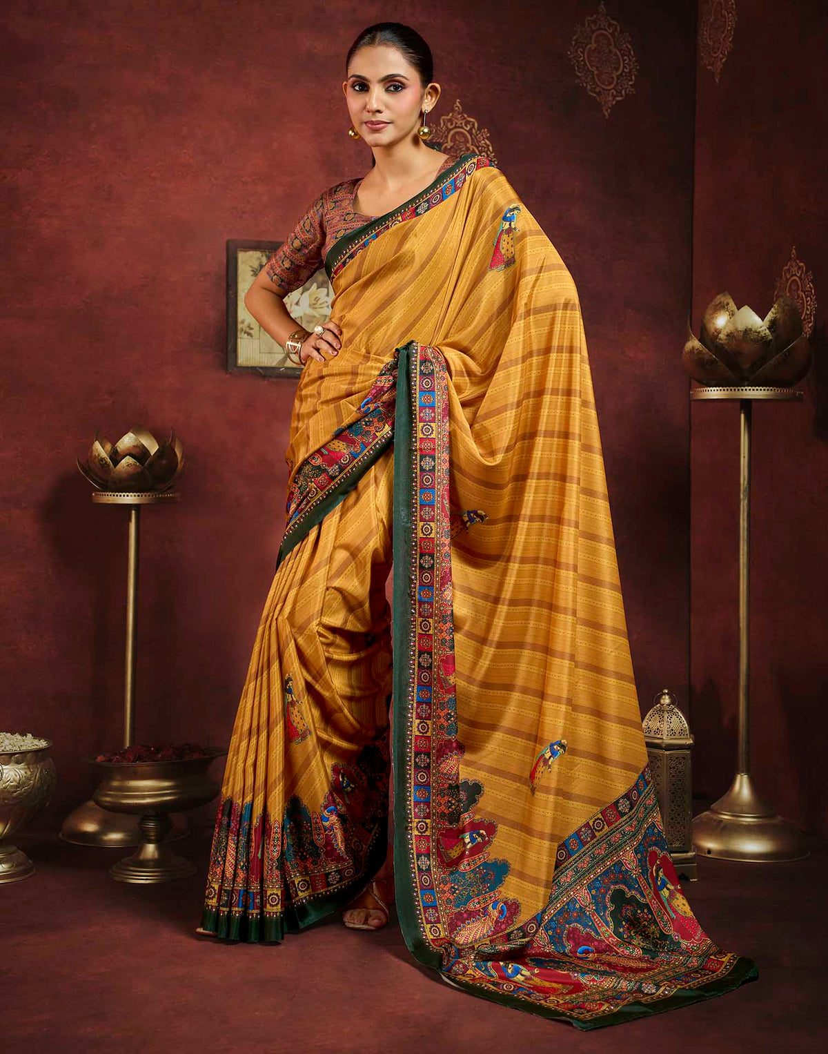 Mustard Yellow Viscose Silk Printed Kalamkari Saree