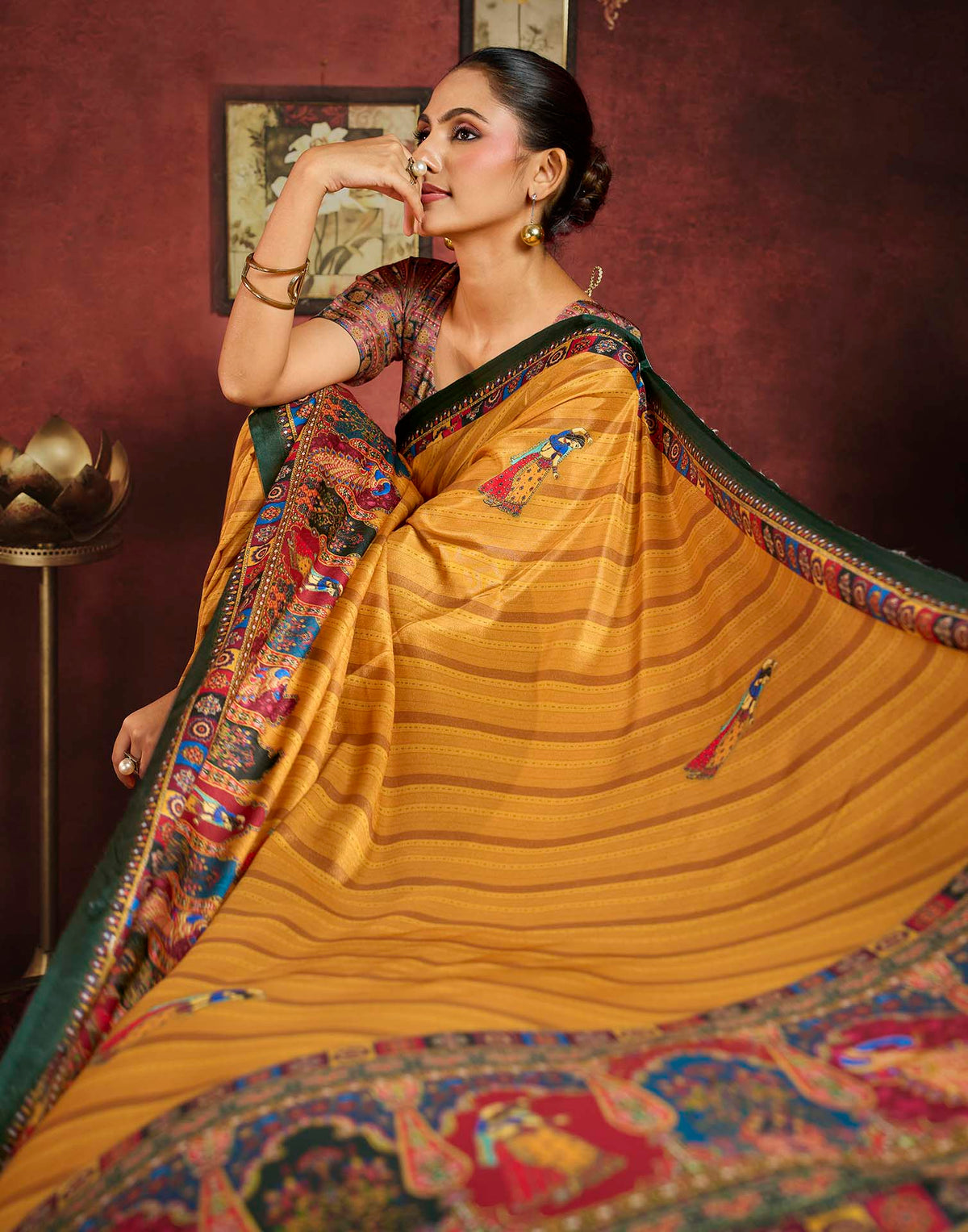 Mustard Yellow Viscose Silk Printed Kalamkari Saree