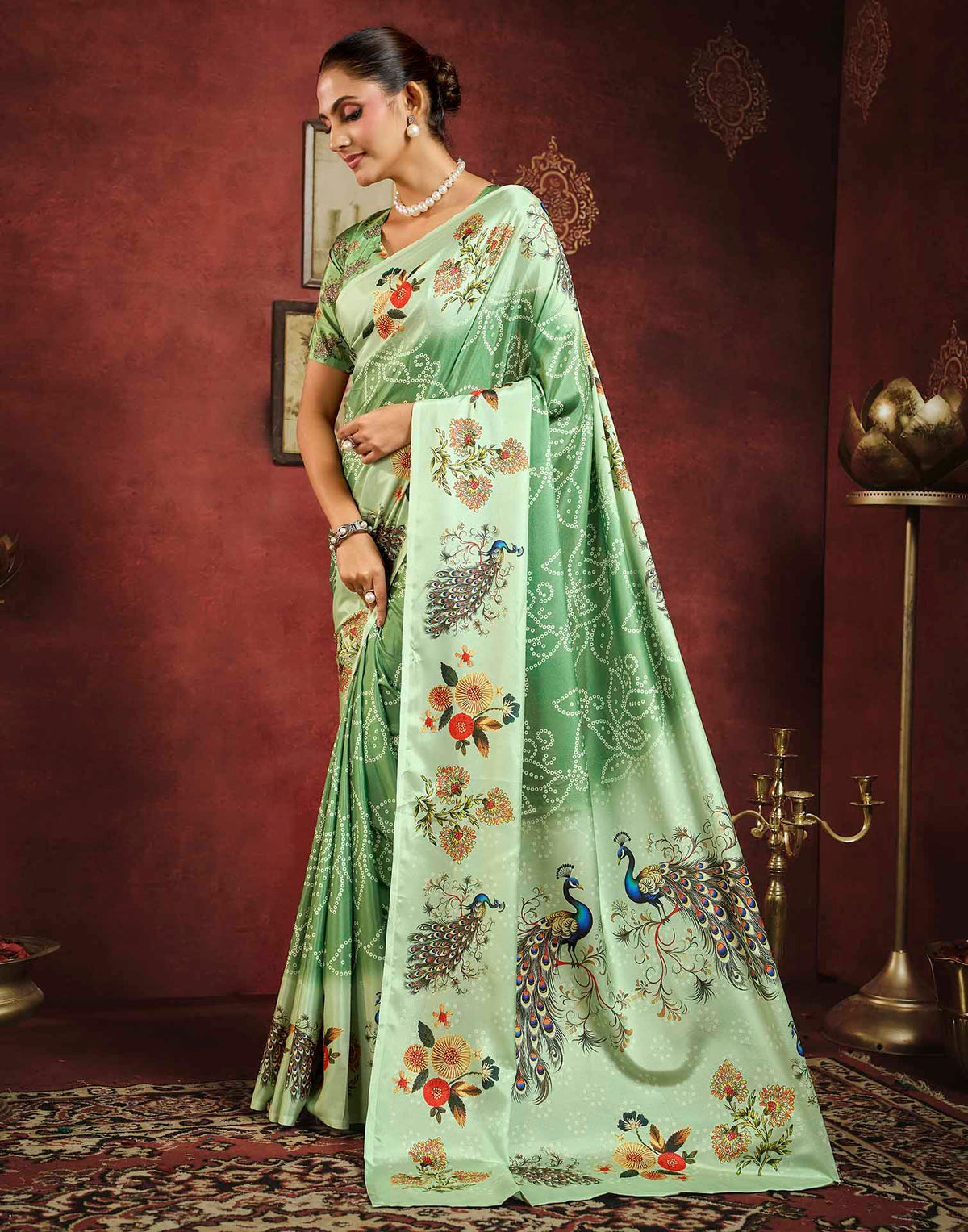 Pista Green Viscose Silk Printed Bandhani Saree