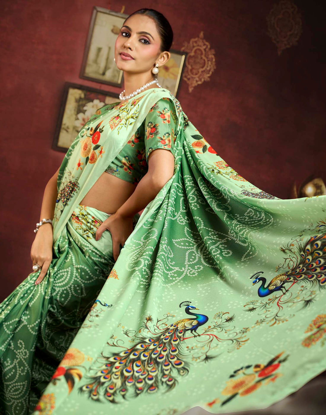 Pista Green Viscose Silk Printed Bandhani Saree