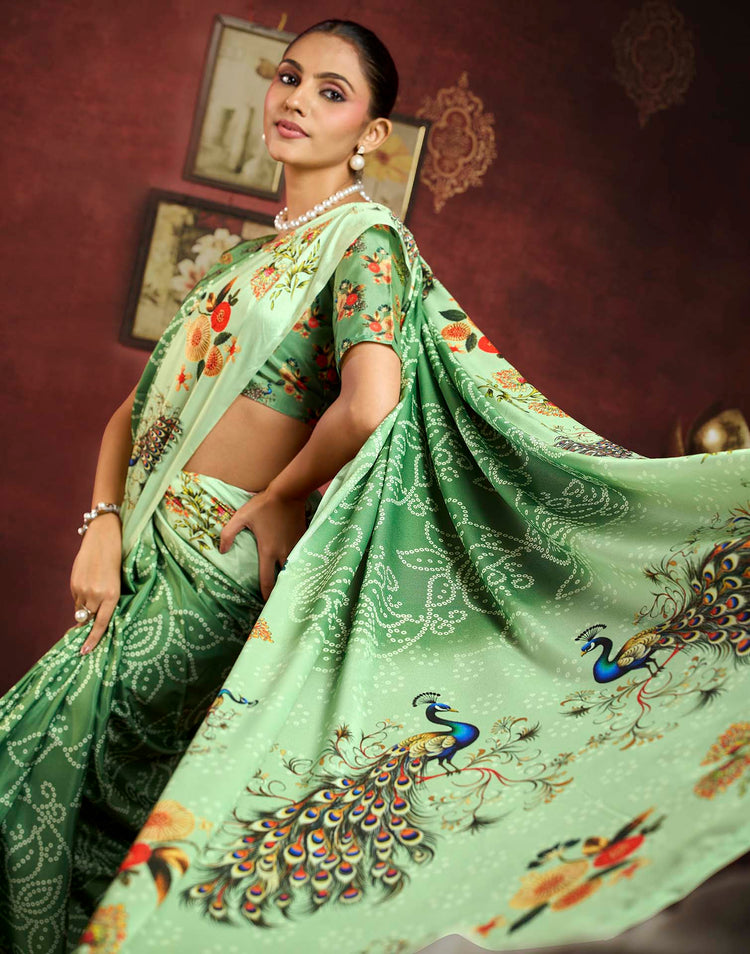 Pista Green Viscose Silk Printed Bandhani Saree