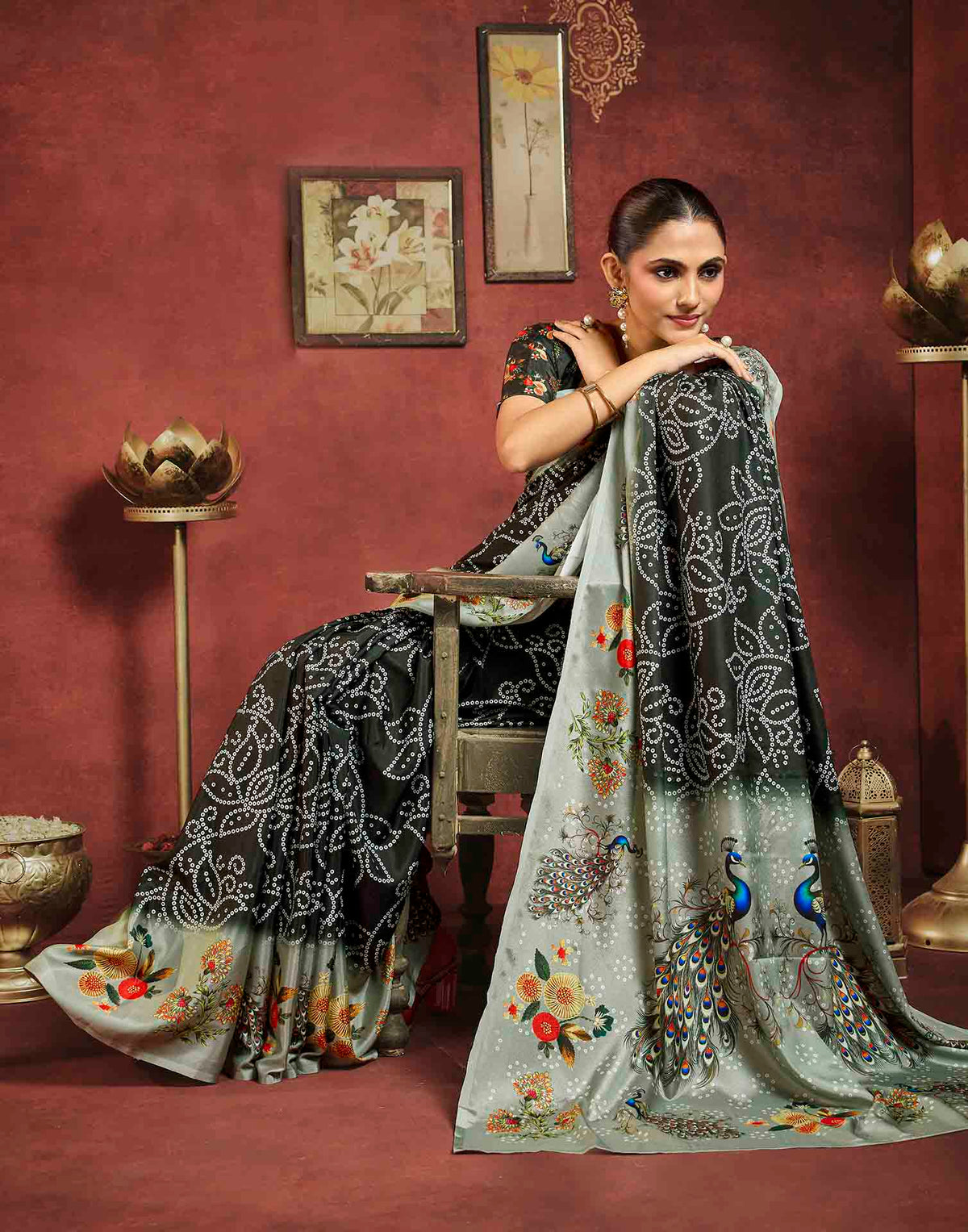 Black Viscose Silk Printed Bandhani Saree