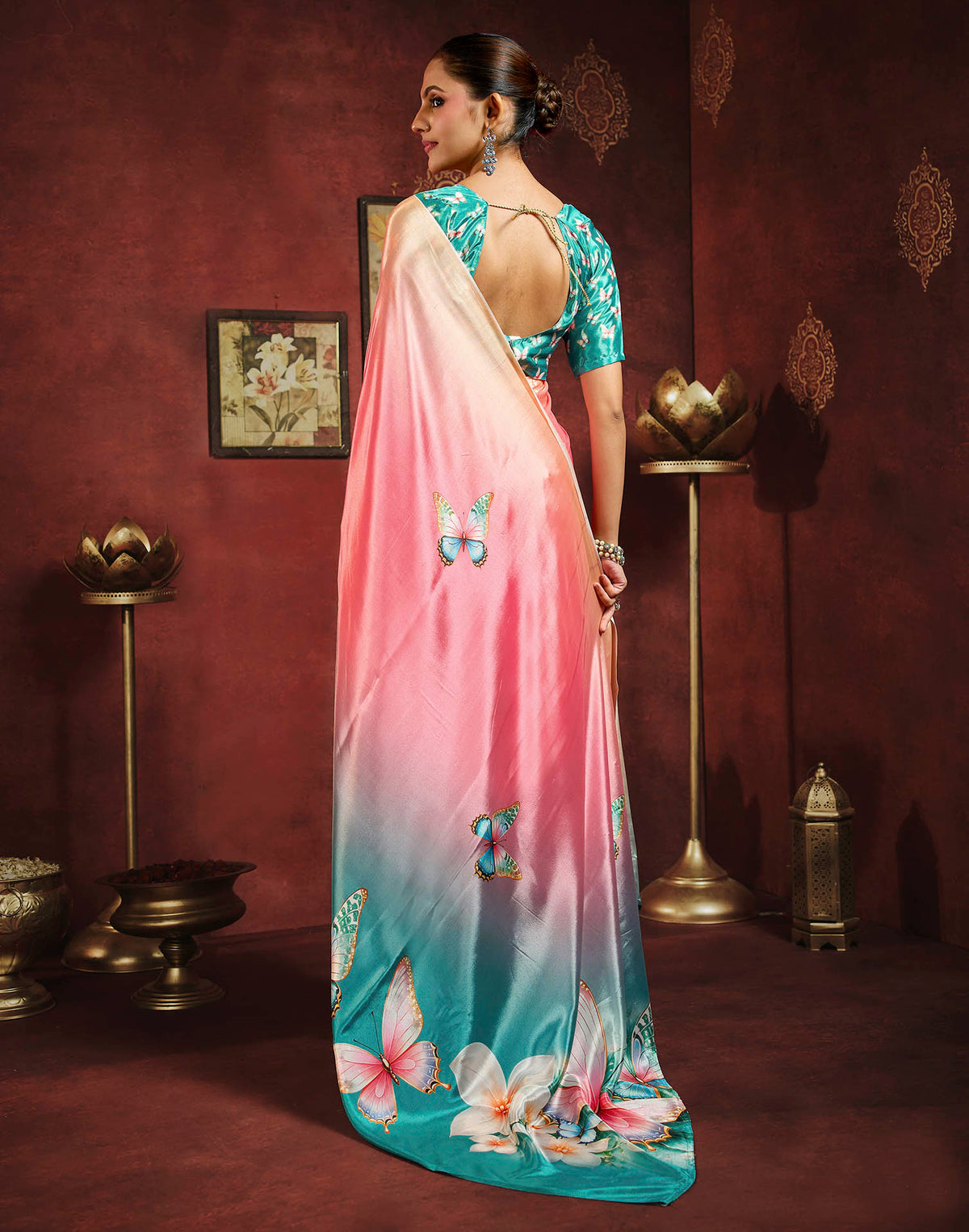 Peach Pink Viscose Silk Butterfly Printed Saree