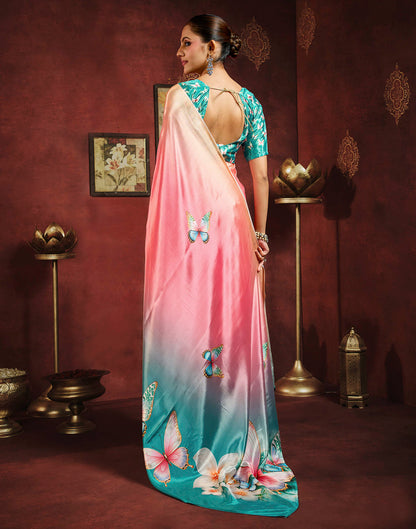 Peach Pink Viscose Silk Butterfly Printed Saree
