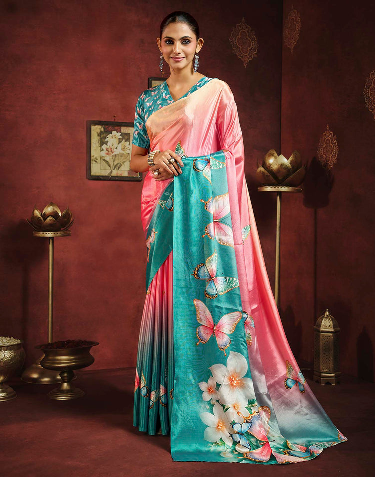 Peach Pink Viscose Silk Butterfly Printed Saree