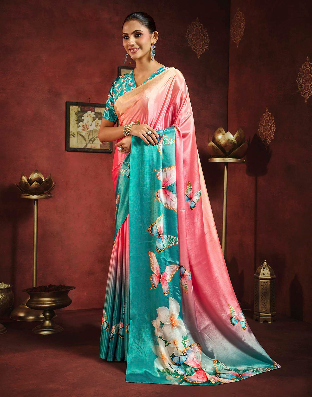 Peach Pink Viscose Silk Butterfly Printed Saree