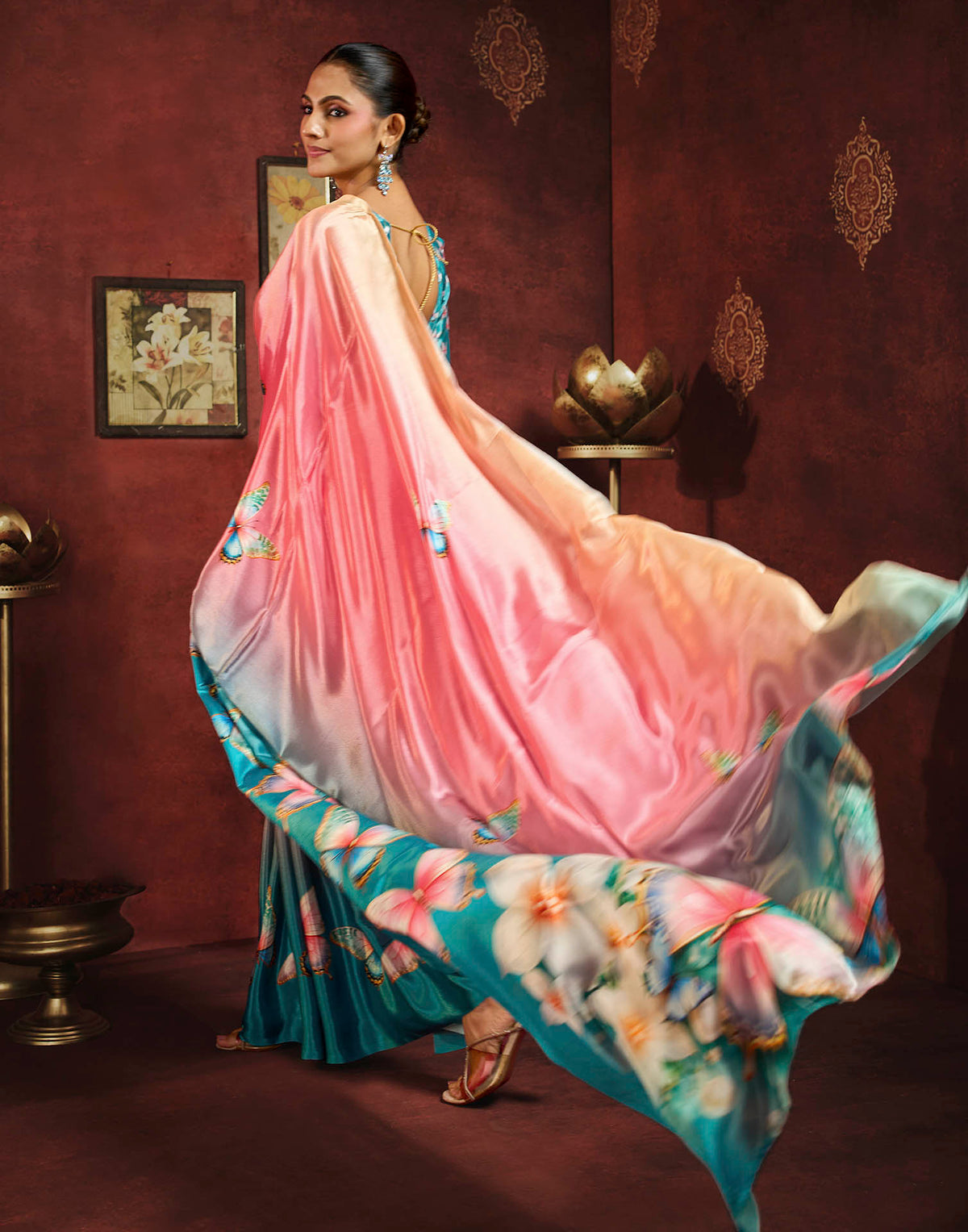 Peach Pink Viscose Silk Butterfly Printed Saree