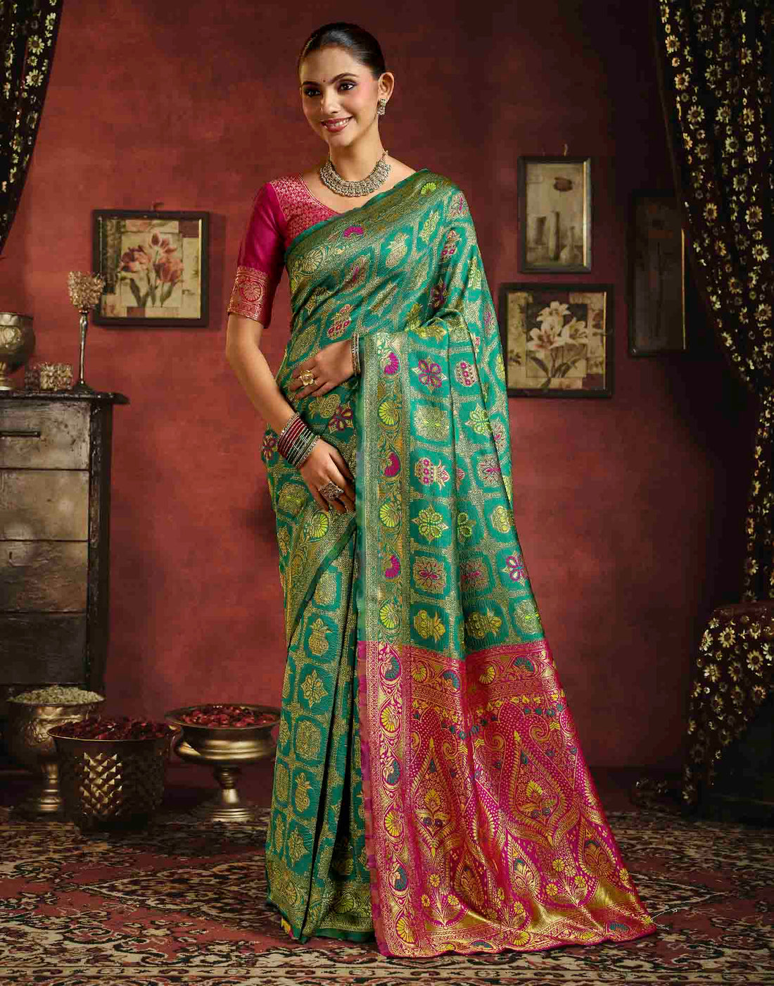 Teal Green Silk Woven Patola Saree
