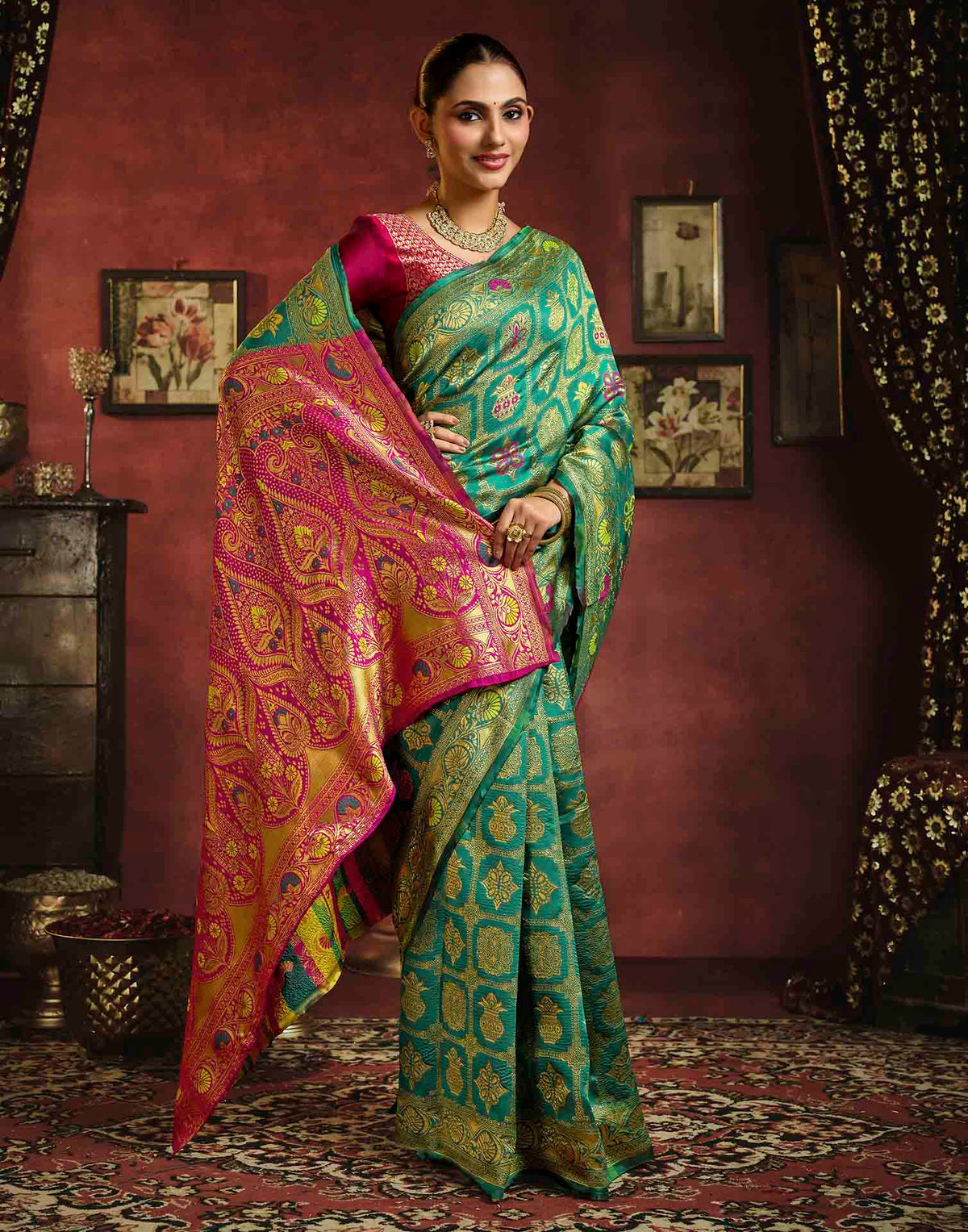 Teal Green Silk Woven Patola Saree