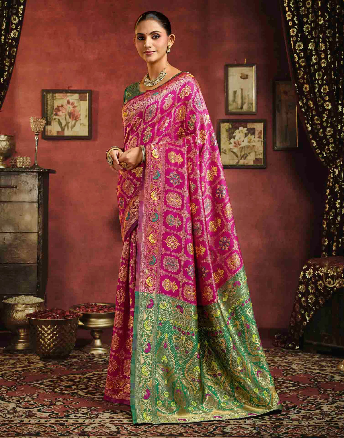Dark Magenta Silk Woven Patola Saree