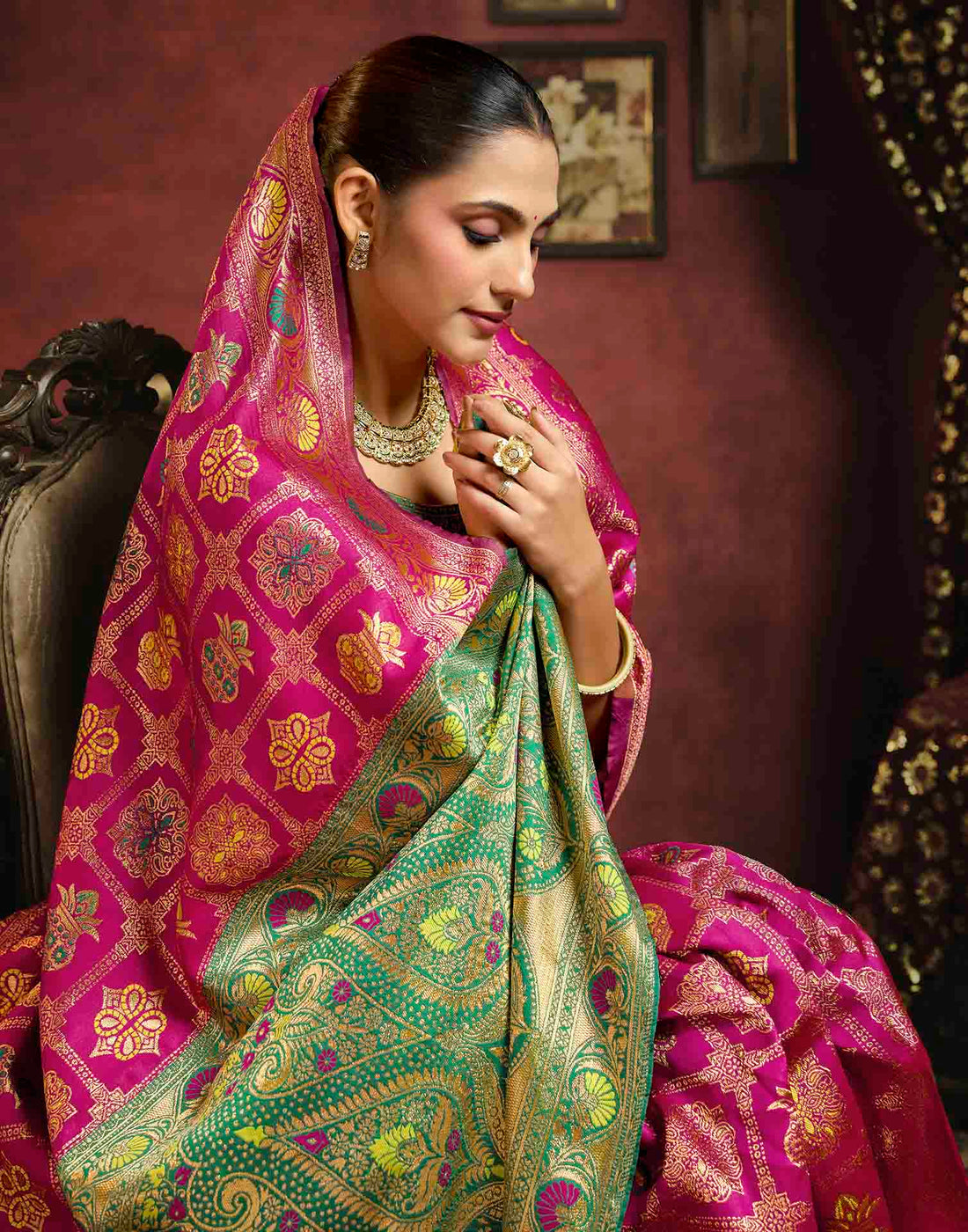 Dark Magenta Silk Woven Patola Saree