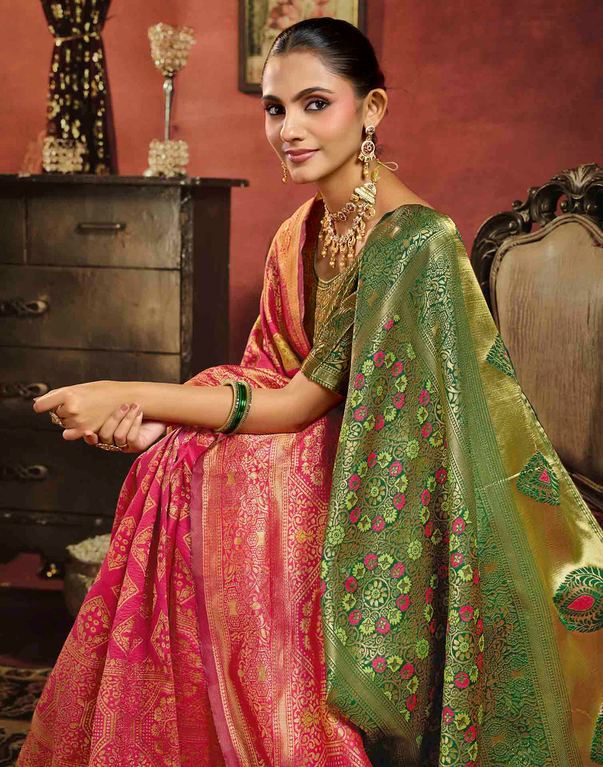 Dark Pink Silk Woven Banarasi Saree