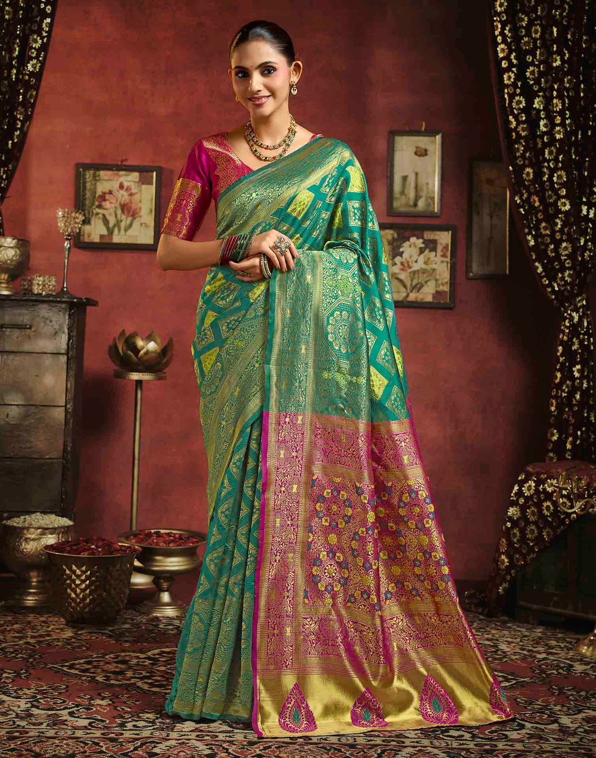 Teal Blue Silk Woven Banarasi Saree