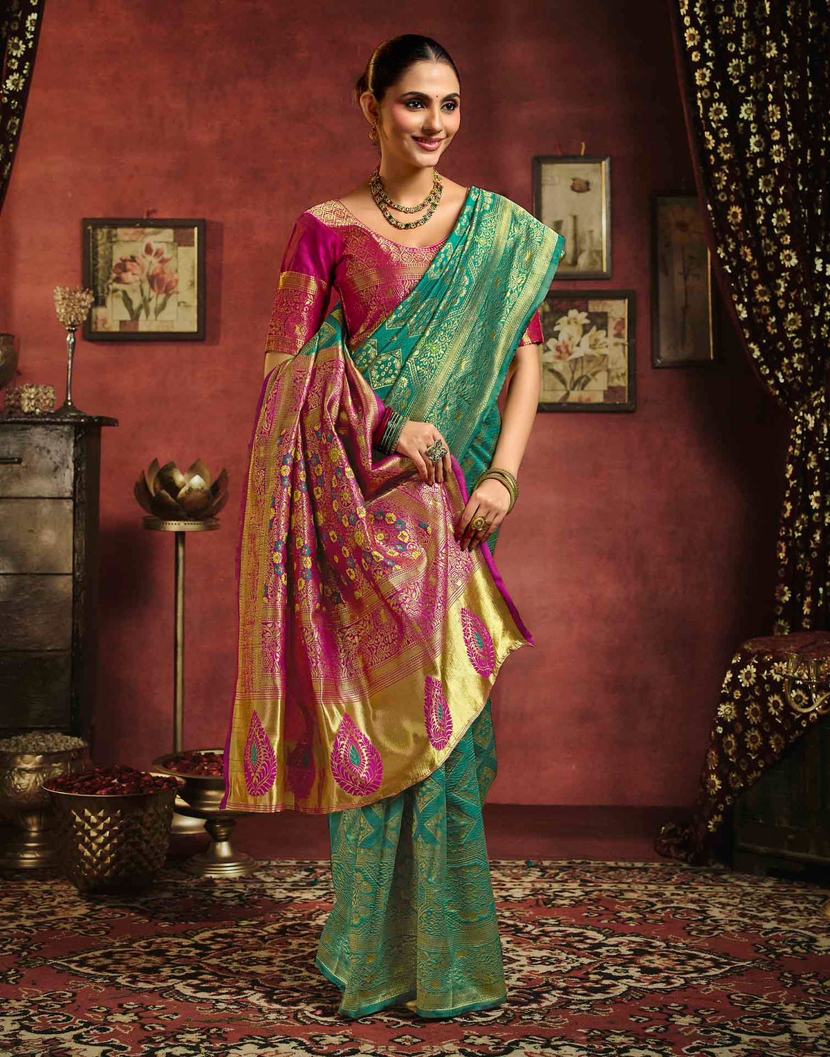 Teal Blue Silk Woven Banarasi Saree