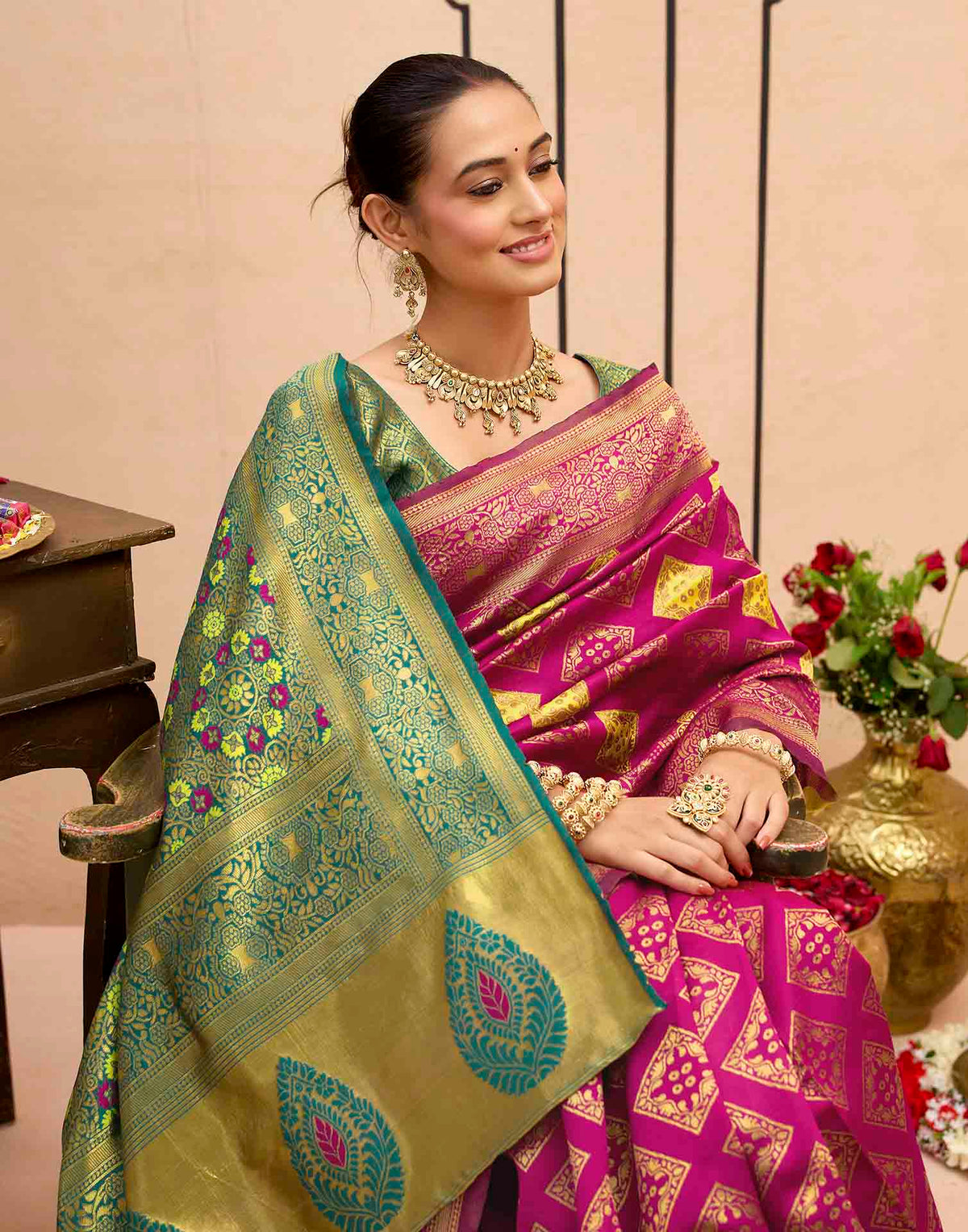 Dark Magenta Silk Woven Banarasi Saree