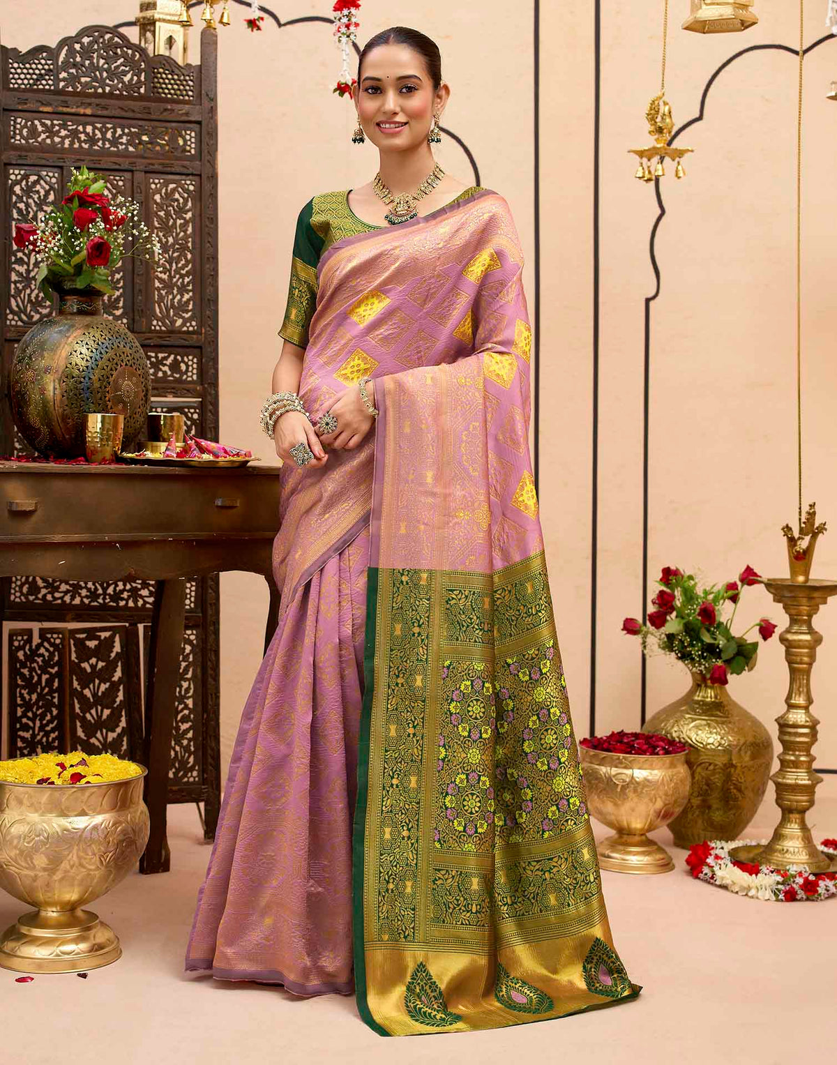 Baby Pink Silk Woven Banarasi Saree