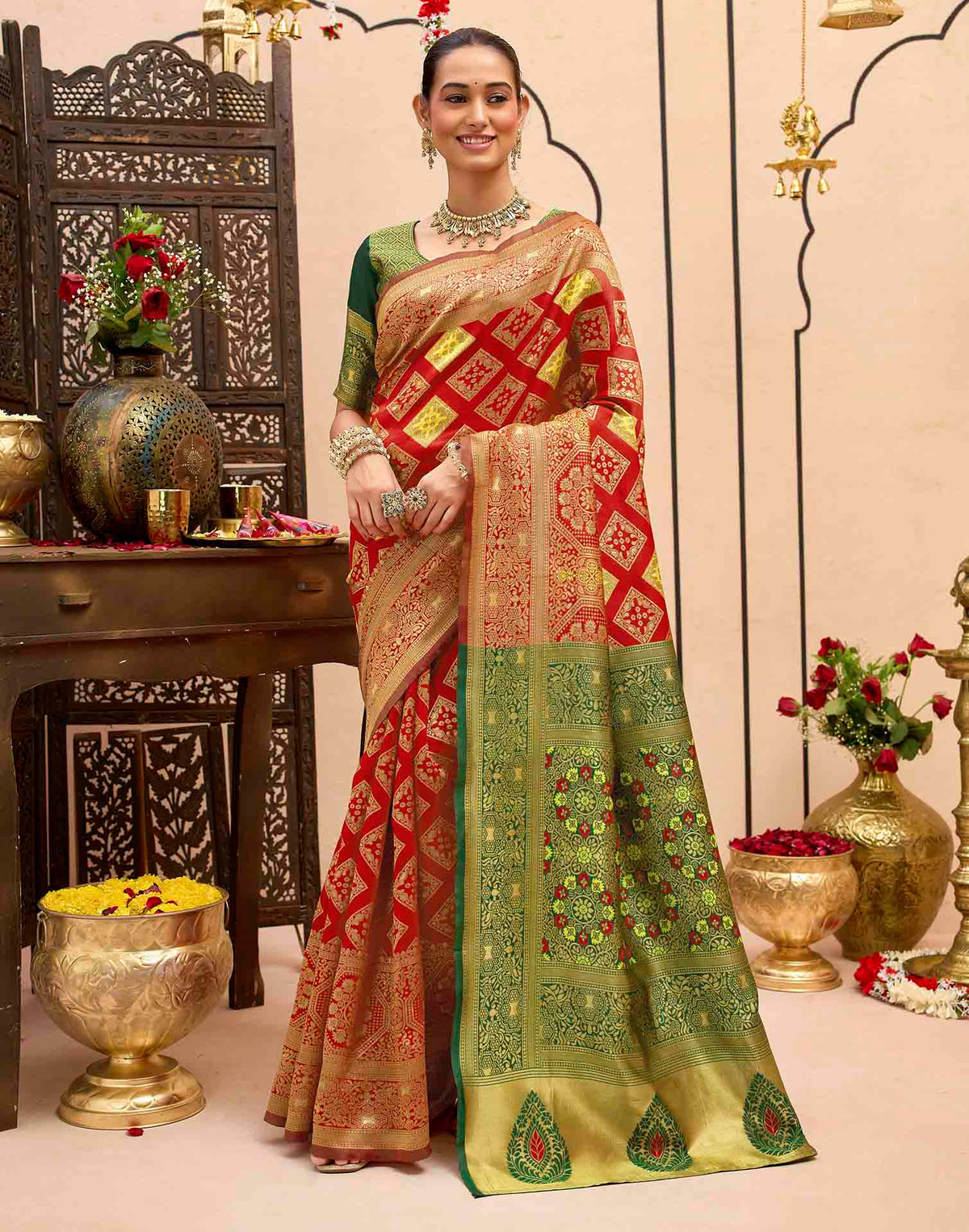 Bright Red Silk Woven Banarasi Saree