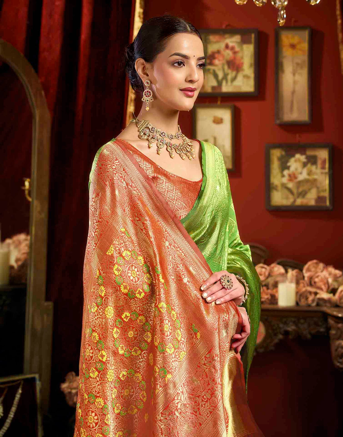 Parrot Green Silk Woven Banarasi Saree