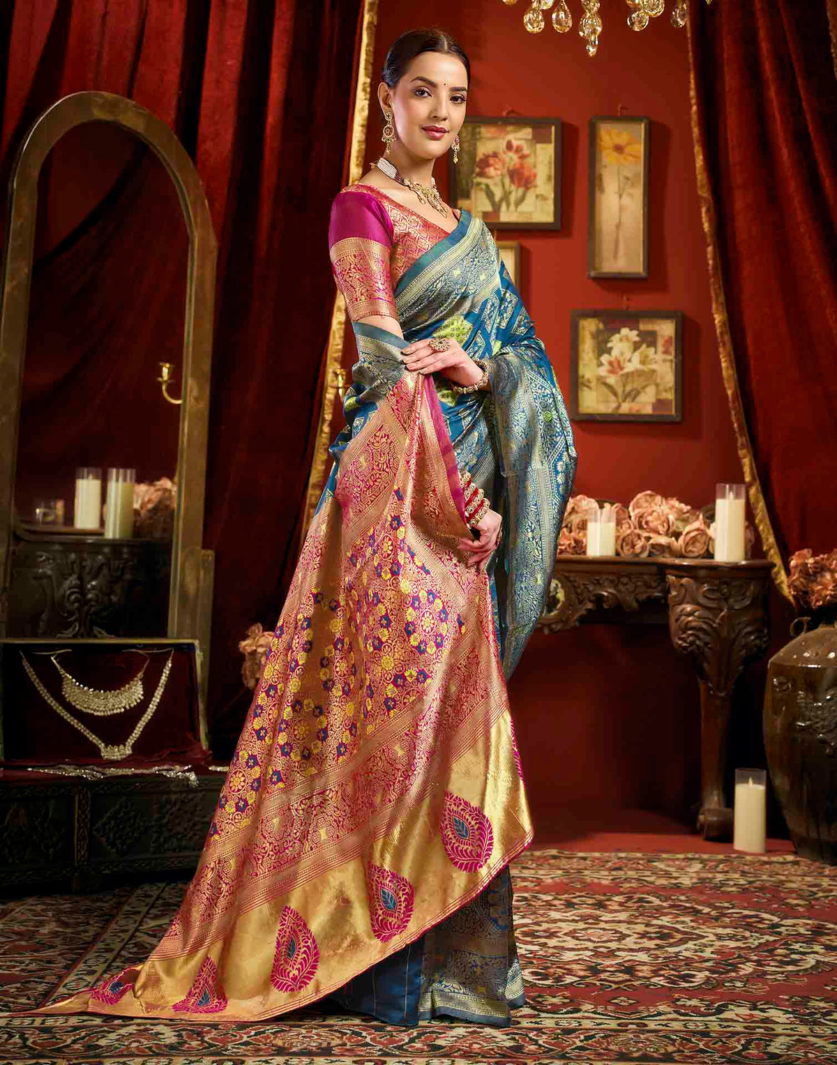 Peacock Blue Silk Woven Banarasi Saree